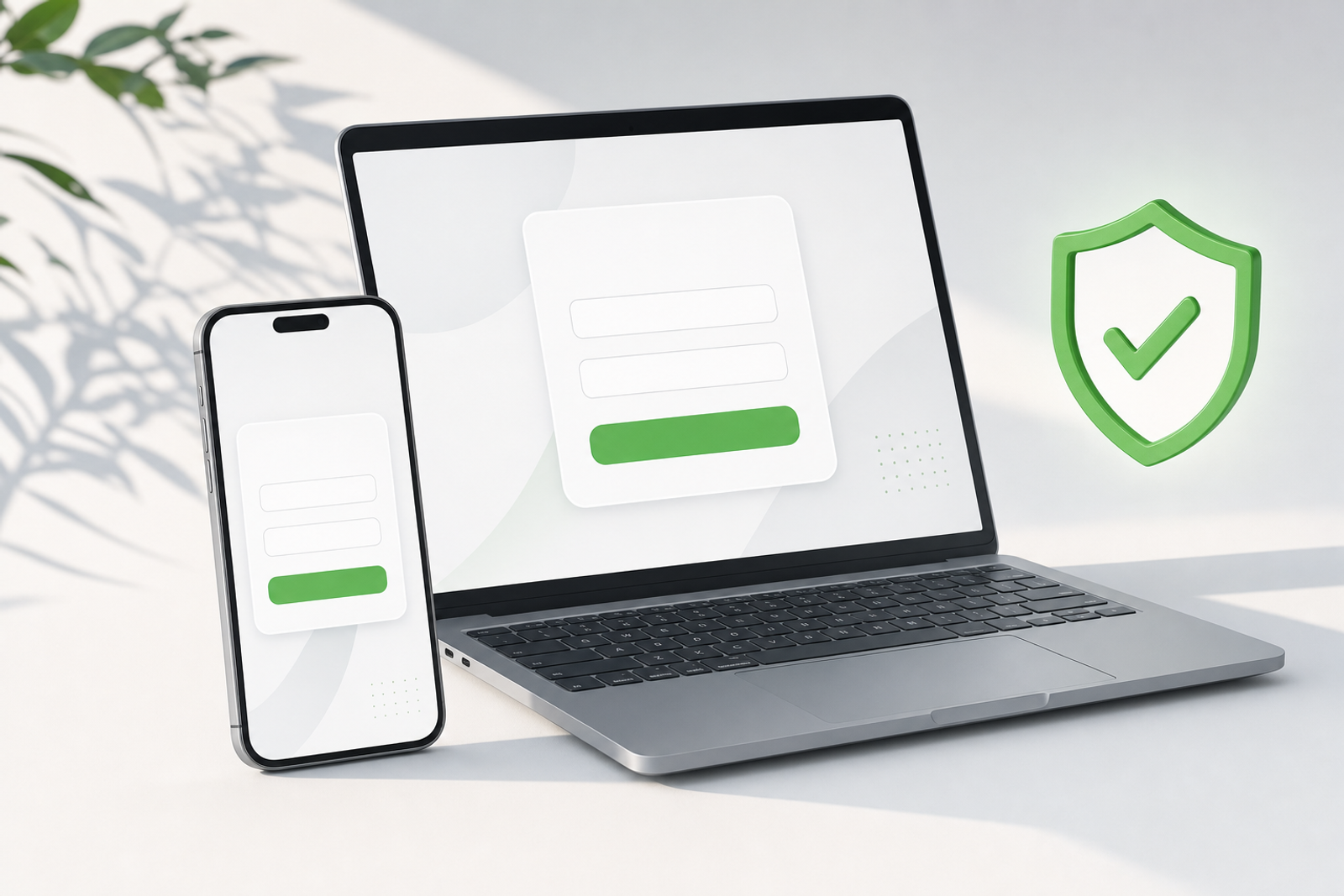 A laptop and a smartphone showing a simple sign-in form, next to a green shield with a checkmark